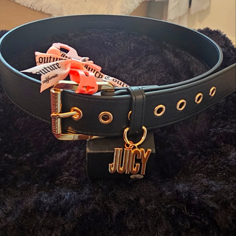 Juicy Couture Black Belt with Gold Buckle and Pink Ribbon